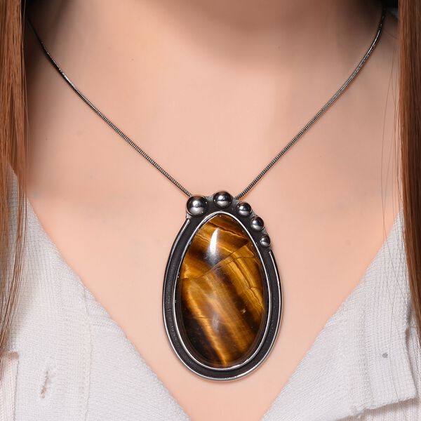 Gelbes Tigerauge Halskette ca. 60 cm + 10 cm Extender, Reiner Edelstahl ca. 50.00 ct image number 2