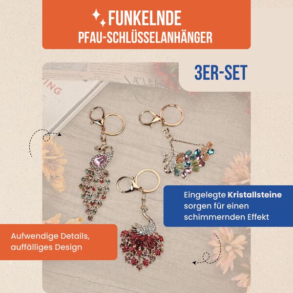 3er-Set - Mehrfarbiger Kristall-Schlüsselanhänger, Pfau image number 1