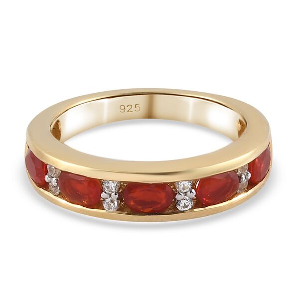 Mexikanischer Kirschfeuer-Opal und Zirkon Ring 925 Silber 585 Vergoldet