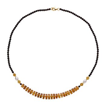 D'Joy Wei&szlig;e S&uuml;&szlig;wasser Perle (6-8 mm), Mehrfarbiger Bernstein Halskette ca. 50 cm 925 Silber vergoldet