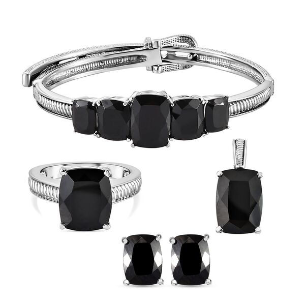 4er-Set, Schwarzer Spinell-Armband, Ring, Ohrstecker und Anh&auml;nger - 44,31 ct.