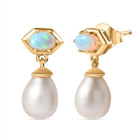 Perle, Natürlicher, äthiopischer Welo Opal Ohrringe 925 Silber 750 Gelbgold Vermeil