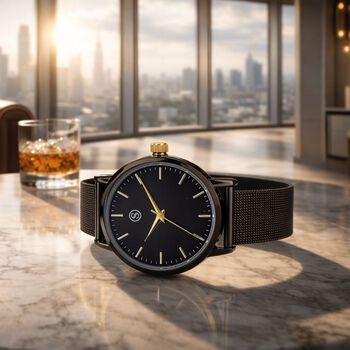 STRADA Armbanduhr, Sonnenschliff Zifferblatt zweifarbig, 36mm, Edelstahl Mesharmband, Schwarzfarben