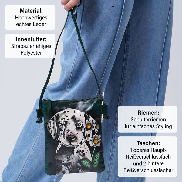 VIVID by SUKRITI Handbemalte Umhängetasche aus echtem Leder, Schwarz, 15,75x19,80cm, Hund image number 3