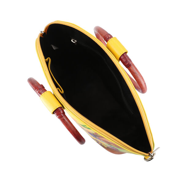 SUKRITI, Handbemalte 100% Leder Tasche mit Maulbeerseiden Schal, Blumenmuster, Senfgelb image number 5