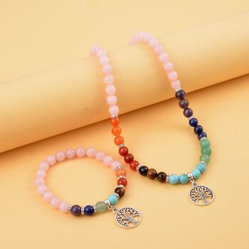 2er Set - Lebensbaum Anh&auml;nger Set mit Mehrfarbigen und Rosenquarz Edelsteinperlen Halskette und Armband