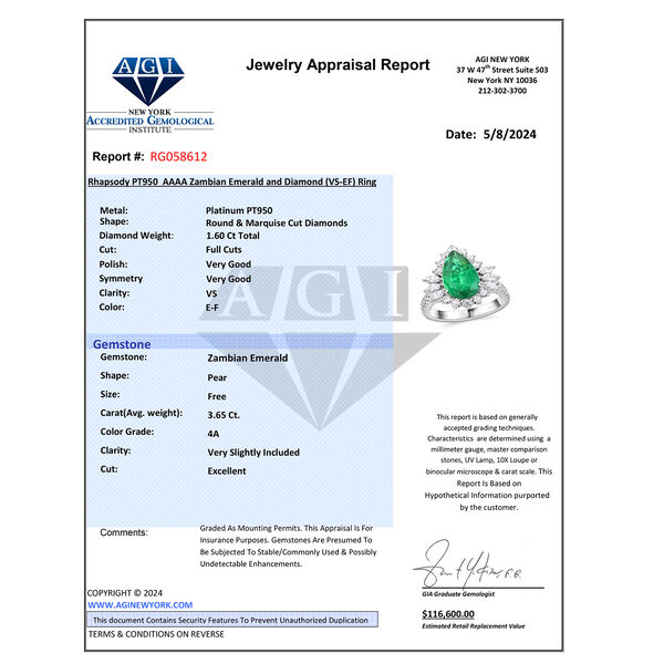 Chairman's Vault Collection - zertifiziert und geprüft RHAPSODY AAAA Kagem sambischer Smaragd und VS-EF Diamant Ring in 950 Platin - 5,26 ct. image number 8