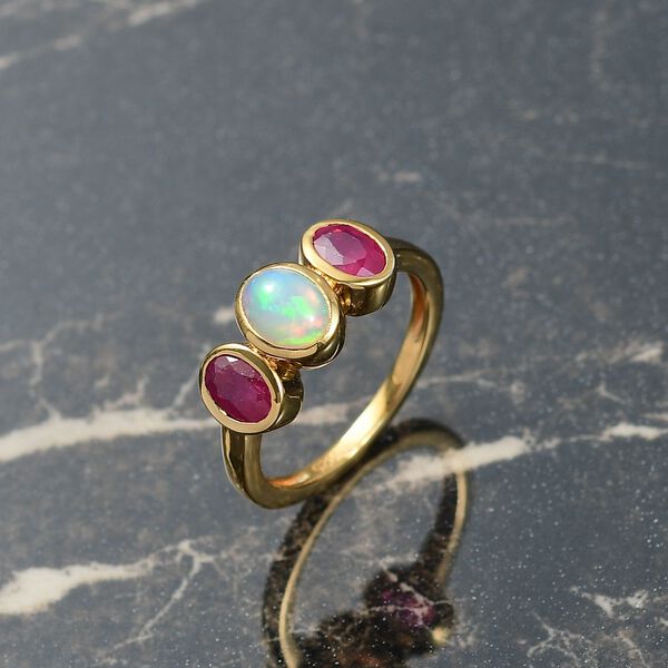 Afrikanischer Rubin (Fissure gefüllt), Natürlicher, äthiopischer Welo Opal Ring 925 Silber vergoldet (Größe 16.00) ca. 1,89 ct image number 0