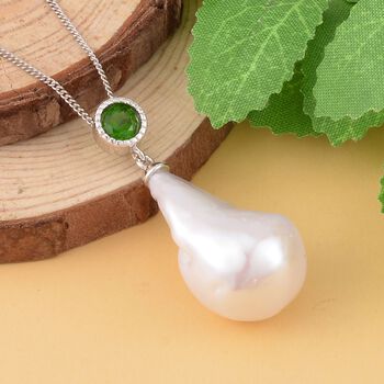 Wei&szlig;e Barockperle, Nat&uuml;rlicher Chromdiopsid Anh&auml;nger mit Kette, 925 Silber rhodiniert