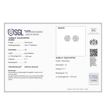 LUXURIANT 1 ct. SGL zertifizierte VS Labor Diamant Ohrringe, 925 Silber platiniert