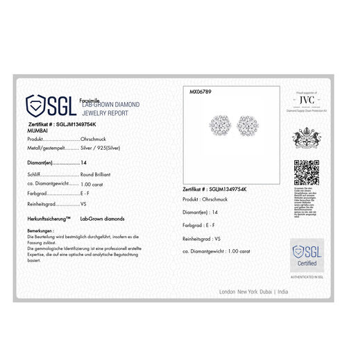 LUXURIANT DIAMOND- SGL zertifizierte VS Labor Diamant Ohrringe, 925 Silber platiniert - 1 ct. image number 4