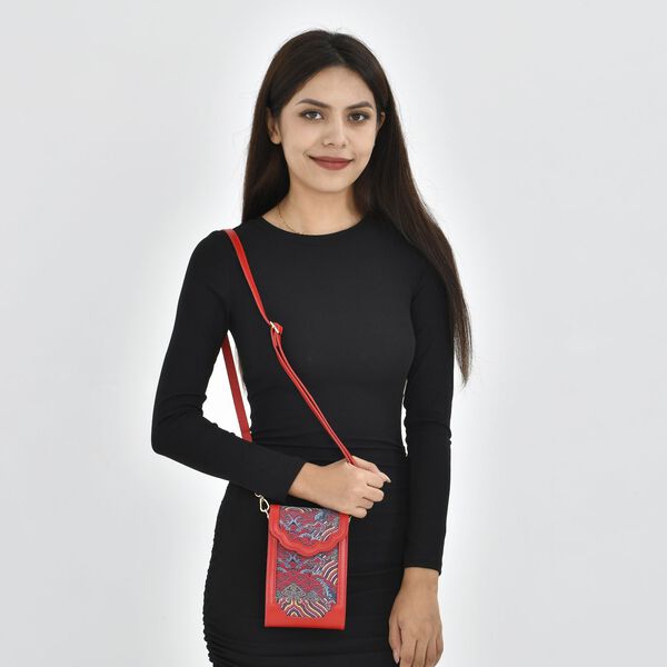 Luxury Edition: Seidenbrokat Handytasche aus echtem Leder und Satin Geschenkbox, RFID, Landschaft Rot image number 1