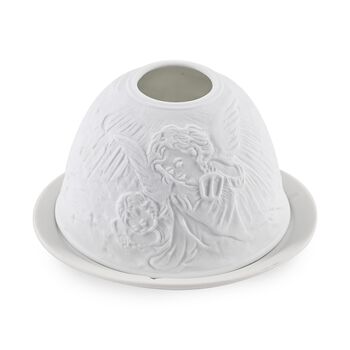 Weihnachts-Windlicht, unglasiertes, wei&szlig;es Porzellan mit LED, 10 cm, schlafende Engel