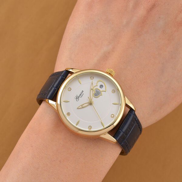 GENOA - Automatik-Armbanduhr mit Herz-Design und Datumsanzeige, Dandong-Uhrwerk, Weißes Zifferblatt, Goldfarben, Blaues Lederarmband, 36 mm image number 2