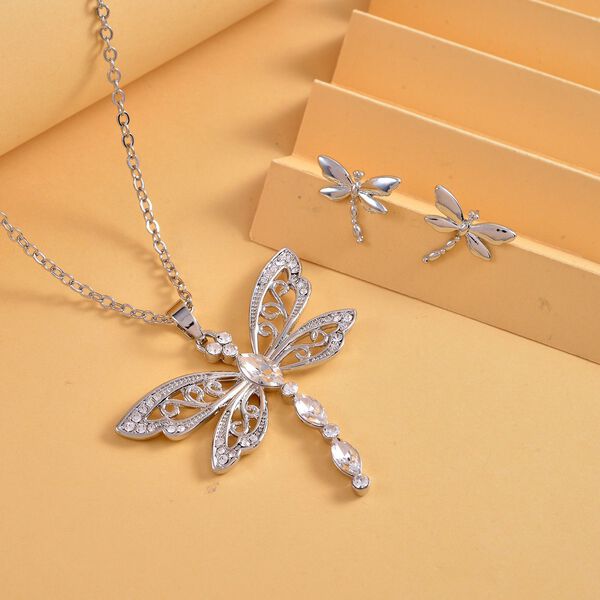 Libelle Kristall-Anhänger mit Kette und Ohrringe in Silberton - 3 ct. image number 2