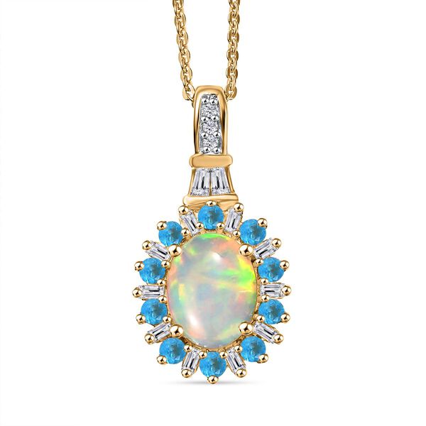 AA Nat&uuml;rlicher, &auml;thiopischer Welo Opal, Neon Apatit und Moissanit Anh&auml;nger mit 50cm Kette - 1,86 ct.