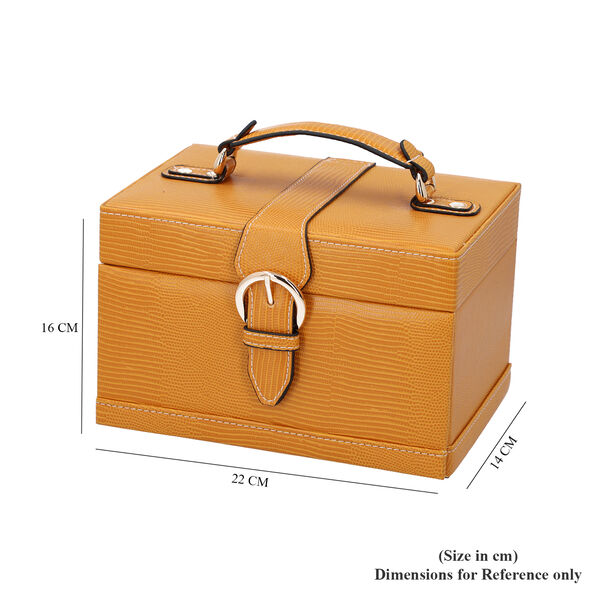 3-Etagen Schmuckkasten mit Eidechsenhaut-Muster, Innenspiegel und Knopfverschluss (22x16x14cm), Senfgelb image number 5