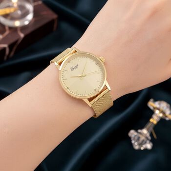 GENOA TIME - V2 Automatik Armbanduhr, Geh&auml;use 316 Edelstahl Sonnenschein Zifferblatt mit wei&szlig;em Diamant Edelstahl Mesharmband goldfarben