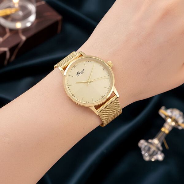 GENOA TIME - V2 Automatik Armbanduhr, Geh&auml;use 316 Edelstahl Sonnenschein Zifferblatt mit wei&szlig;em Diamant Edelstahl Mesharmband goldfarben image number 3