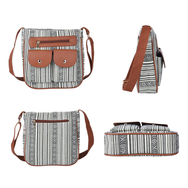 Umh&auml;ngetasche mit ethnischem Muster, Gr&ouml;&szlig;e 24x6x25 cm, Wei&szlig; und Braun image number 3