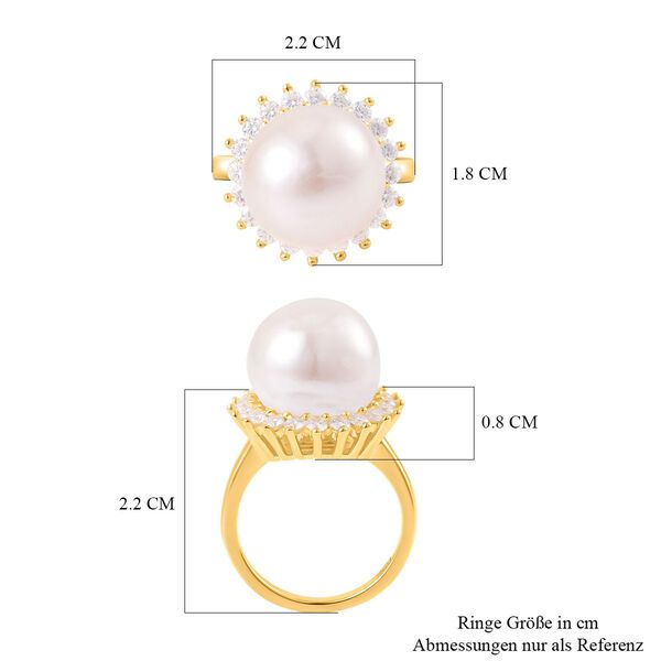 Weiße Edison Perle (13-14 mm), Moissanit Ring, 925 Silber Gelbgold Vermeil, (Größe 16.00) image number 7