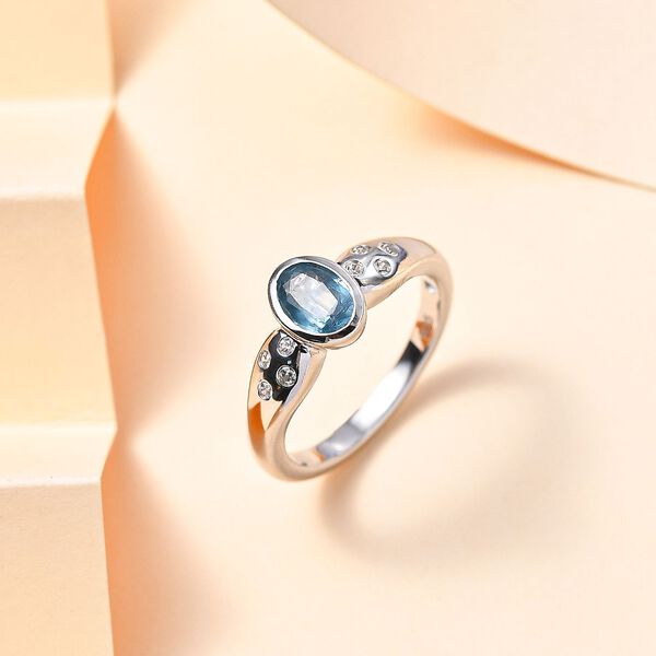 TUCSON FIND - Nat&uuml;rlicher AA Aqua Kyanit, Wei&szlig;er Zirkon Ring 925 Silber rhodiniert (Gr&ouml;&szlig;e 20.00) ca. 1.13 ct image number 2