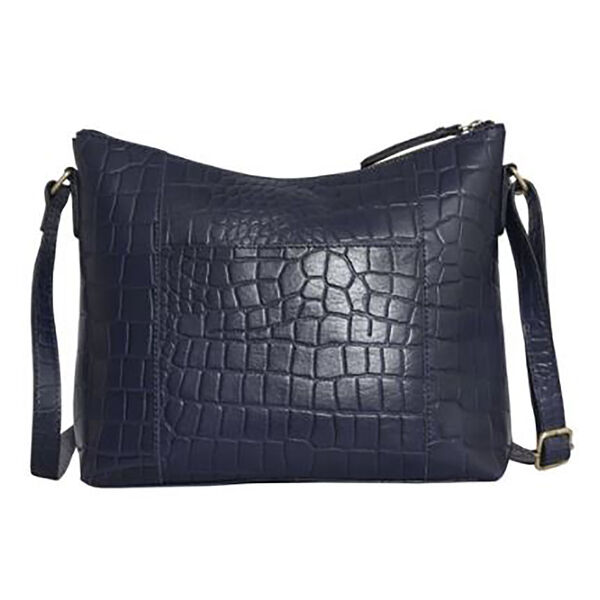 Assots London OLGA 100% echtes Leder Kroko-geprägte Crossbody Tasche mit Reißverschluss und verstellbarem Riemen, Größe: 30x9,5x26 cm, Dunkelblau image number 2