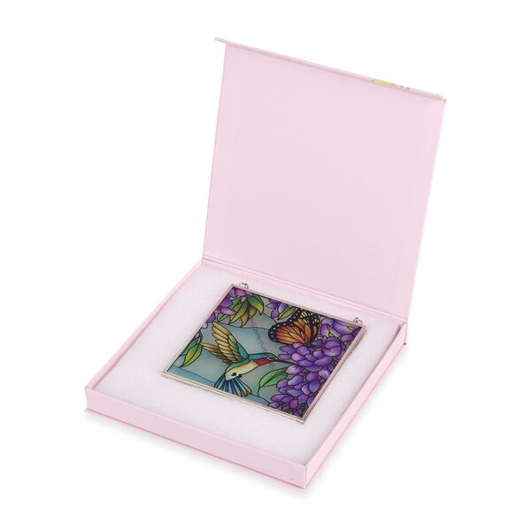 Handbemalter Glas-Sonnenfänger, Blumen-und-Vogel-Design, 11,5×11,5cm, Mehrfarbig image number 4