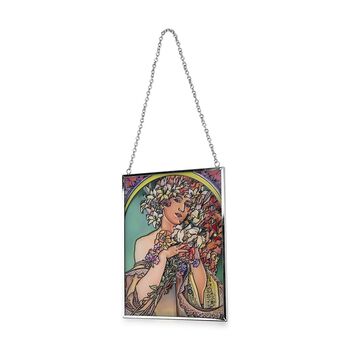 Handbemalter Glas Suncatcher mit Kette, silberfarbenem Rahmen, Alphonse Mucha Motiv Fleur, 12x15 cm