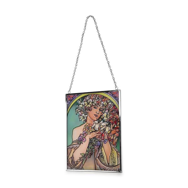 Handbemalter Glas Suncatcher mit Kette, silberfarbenem Rahmen, Alphonse Mucha Motiv Fleur, 12x15 cm image number 3