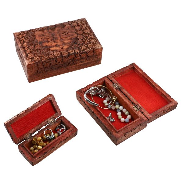 3er Set Handgeschnitzes Boxen aus Sheeshamholz mit Kaschmir und Schmetterling, 21x13 cm image number 8