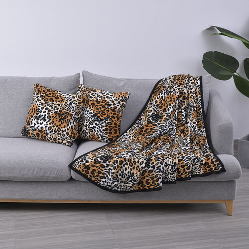 3er-Set Coral Fleece Decke und Kissenbezug, Leopardenmuster, Größe 150x200+45x45 cm, Schwarz und Braun image number 1