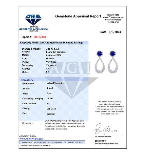 Chairman's Vault Collection - zertifiziert und gepr&uuml;ft RHAPSODY AAAA Tansanit und VS-EF Diamant Ohrringe in 950 Platin - 18,64 ct. image number 5