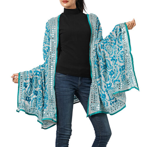 Phulkari Schal, Hand-Bestickt, 90x200 cm, türkis image number 1
