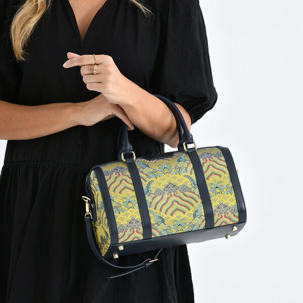 LA MAREY Brokat Crossbody Tasche aus Seide und Echtleder, 30x18x15cm, Gelb image number 3