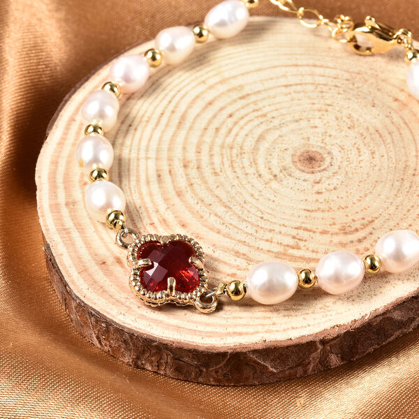 Wei&szlig;e S&uuml;&szlig;wasserzucht Perle und Rot Glas Armband ca. 20 cm goldfarben image number 1