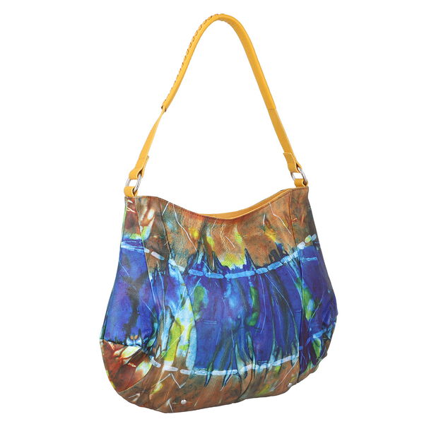 SUKRITI: Handbemalte Hobo-Tasche aus 100% Leder, Tie-Dye Druck, Blau-Orange-Braun&nbsp; image number 2