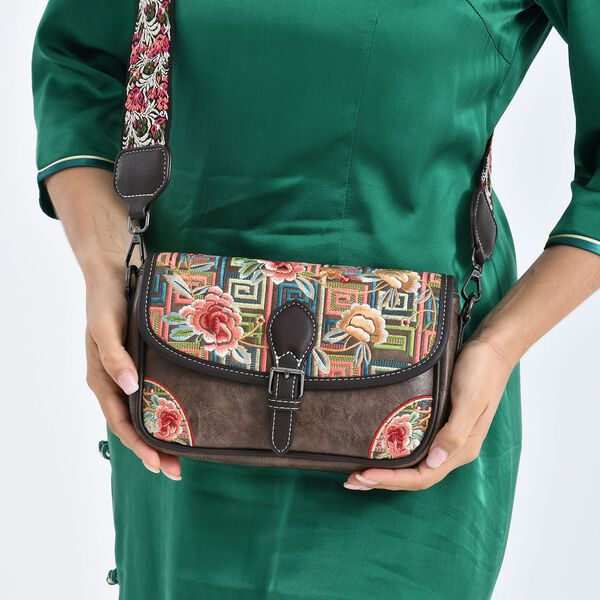 Bestickte Crossbody Tasche, Blumen Design, 22x8x16cm, Braun image number 4