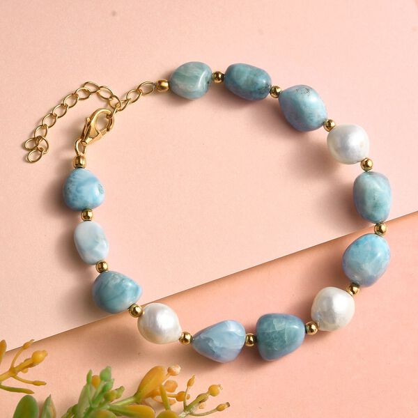 Nat&uuml;rliches, gr&uuml;nes Larimar und Perlen-Armband, 19 cm - 72 ct. image number 2