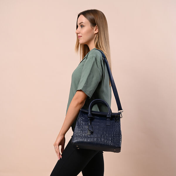Schultertasche aus 100% echtem Leder mit Kroko-Pr&auml;gung und abnehmbarem Riemen, Dunkelblau&nbsp; image number 2