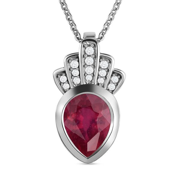 Afrikanischer Rubin (Fissure gef&uuml;llt), wei&szlig;er Zirkon Anh&auml;nger mit Kette, 925 Silber platiniert ca. 2.53 ct