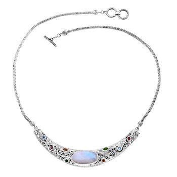 Regenbogen Mondstein, Roter Granat Halskette ca. 50 cm 925 Silber ca. 18.43 ct