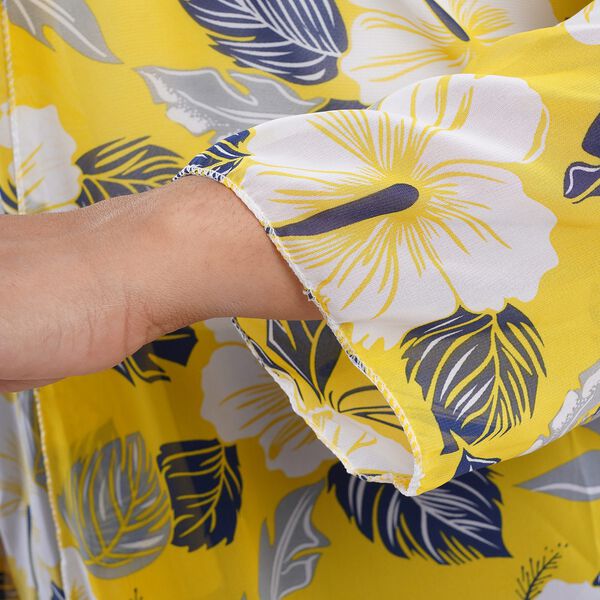 Gemusterter Chiffon Cardigan, One Size, Blattmuster, Gelb image number 4