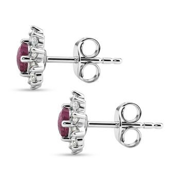 Afrikanischer Rubin (Fissure gef&uuml;llt), Wei&szlig;er Zirkon Ohrringe 925 Silber Platiniert ca. 1.44 ct