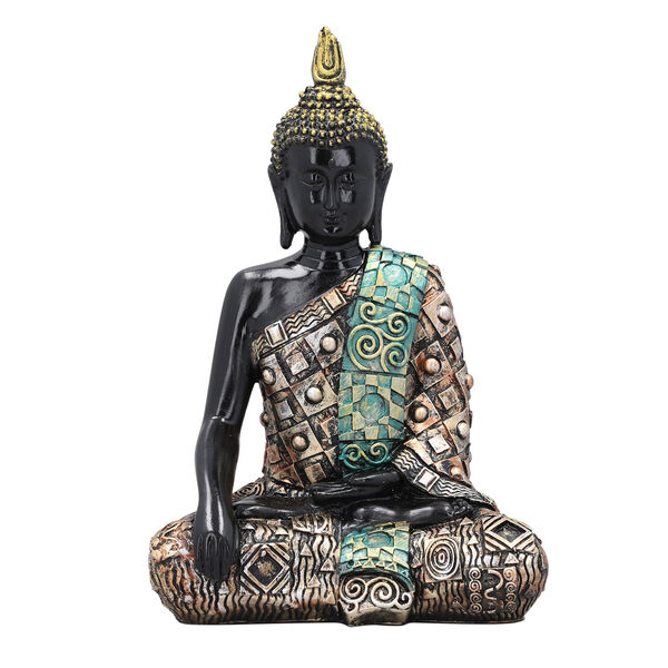 Buddha Statue mit Ornamenten, Schwarz und Gold