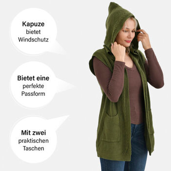 Damen Strickweste mit Kapuze und Taschen, Einheitsgr&ouml;&szlig;e, gr&uuml;n
