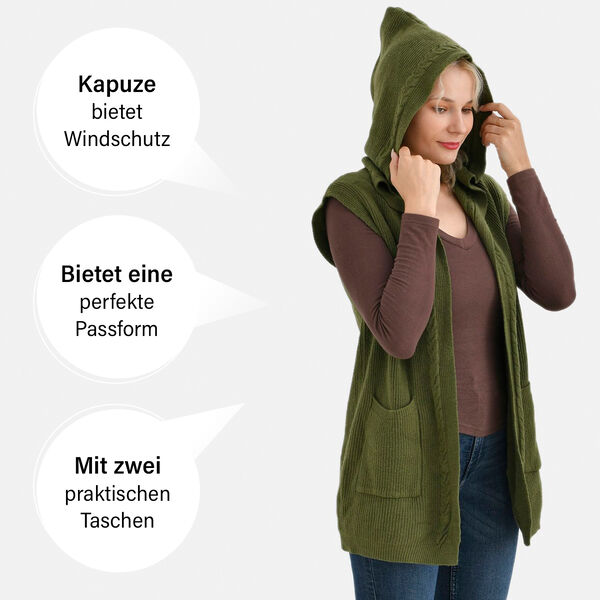 Damen Strickweste mit Kapuze und Taschen, Einheitsgr&ouml;&szlig;e, gr&uuml;n image number 3