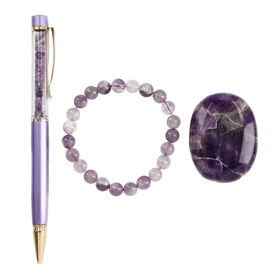 3er Exklusives Set - Amethyst- Eleganter Handstein, stilvolles Armband, und luxuriöser Kugelschreiber mit Kristallkugel