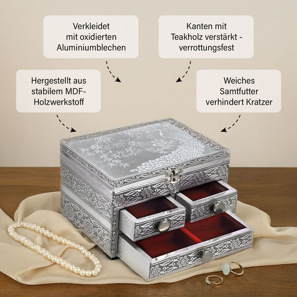 Oxidierte 3-stufige Schmuckbox mit Pferdeprägung und Samt-Innenfutter image number 4