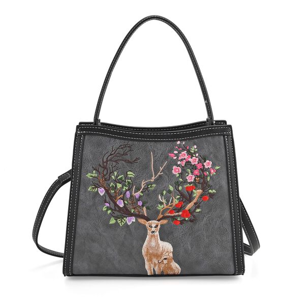 "PU Embroidered crossbody bag Color: Grey Size:  25*11*21cm   Wall: PU Lining: Polyester Exterior:zipped-1,pocket-1 Interior: zipped-2,slid-1 Long Shoulder strap:130cm " image number 0